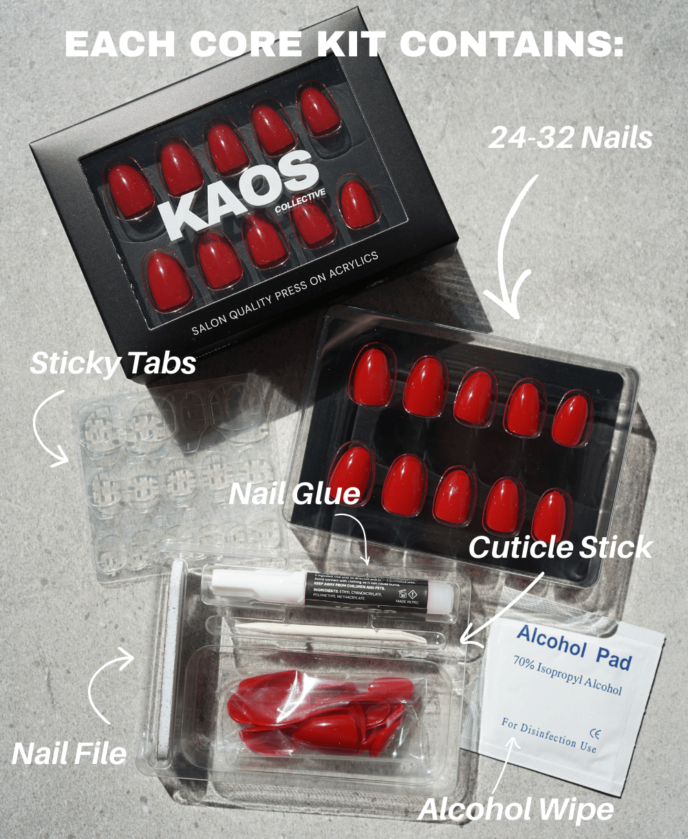 KAOS nail extension kit with red nails, sticky tabs, nail glue, cuticle stick, nail file, alcohol pad, and alcohol wipe on a gray background.
