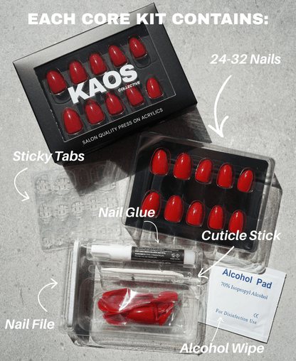KAOS nail extension kit with red nails, sticky tabs, nail glue, cuticle stick, nail file, alcohol pad, and alcohol wipe on a gray background.
