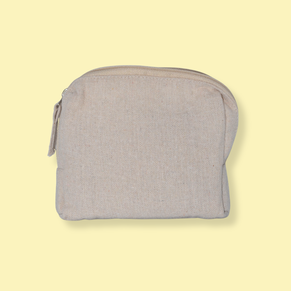 A light gray linen zippered pouch with a matching zipper pull, shown against a solid pale yellow background.