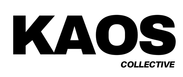 Black 'KAOS COLLECTIVE' logo on a white background