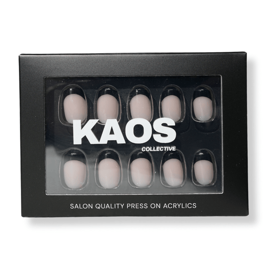 Box of press-on acrylic nails with 'KAOS Collective' branding on a white background