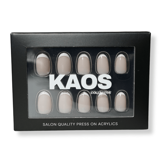 Box of press-on acrylic nails with 'KAOS Collective' branding on a white background