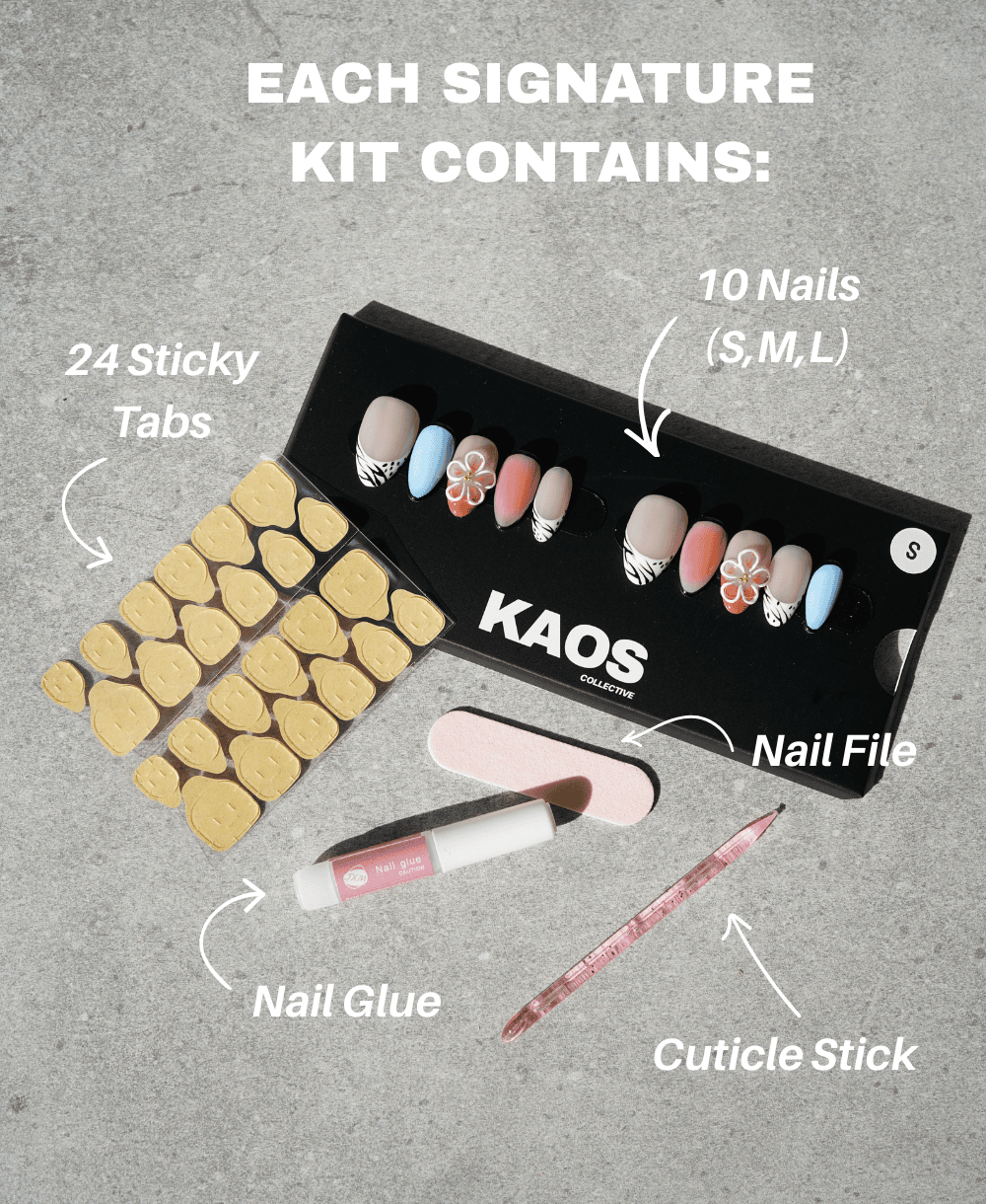 KAOS nail extension kit with sticky tabs, nails, file, glue, and cuticle stick on a gray background