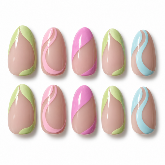 Ten almond-shaped press-on nails arranged in two rows of five on a white background, each featuring a glossy nude base with curved accent stripes in pastel green, pink, and light blue.