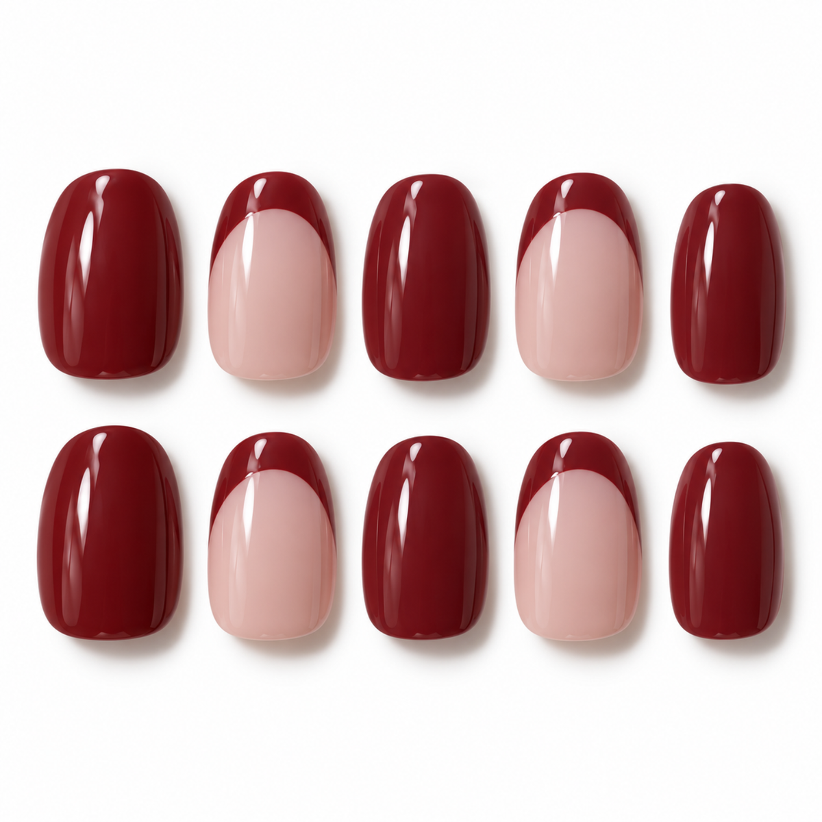 Ten almond oval-shaped false nail tips arranged in two rows of five on a white background, alternating between a glossy deep burgundy top and a French manicure style with a pale pink cuticle and burgundy top.