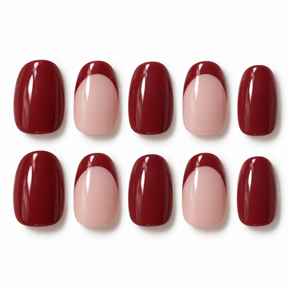 Ten almond oval-shaped false nail tips arranged in two rows of five on a white background, alternating between a glossy deep burgundy top and a French manicure style with a pale pink cuticle and burgundy top.