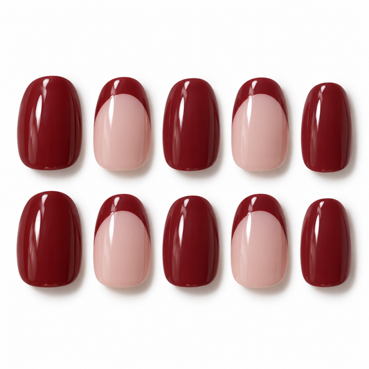 Ten almond oval-shaped false nail tips arranged in two rows of five on a white background, alternating between a glossy deep burgundy top and a French manicure style with a pale pink cuticle and burgundy top.