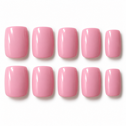 Ten pink press-on nails arranged in two rows of five on a plain white background.