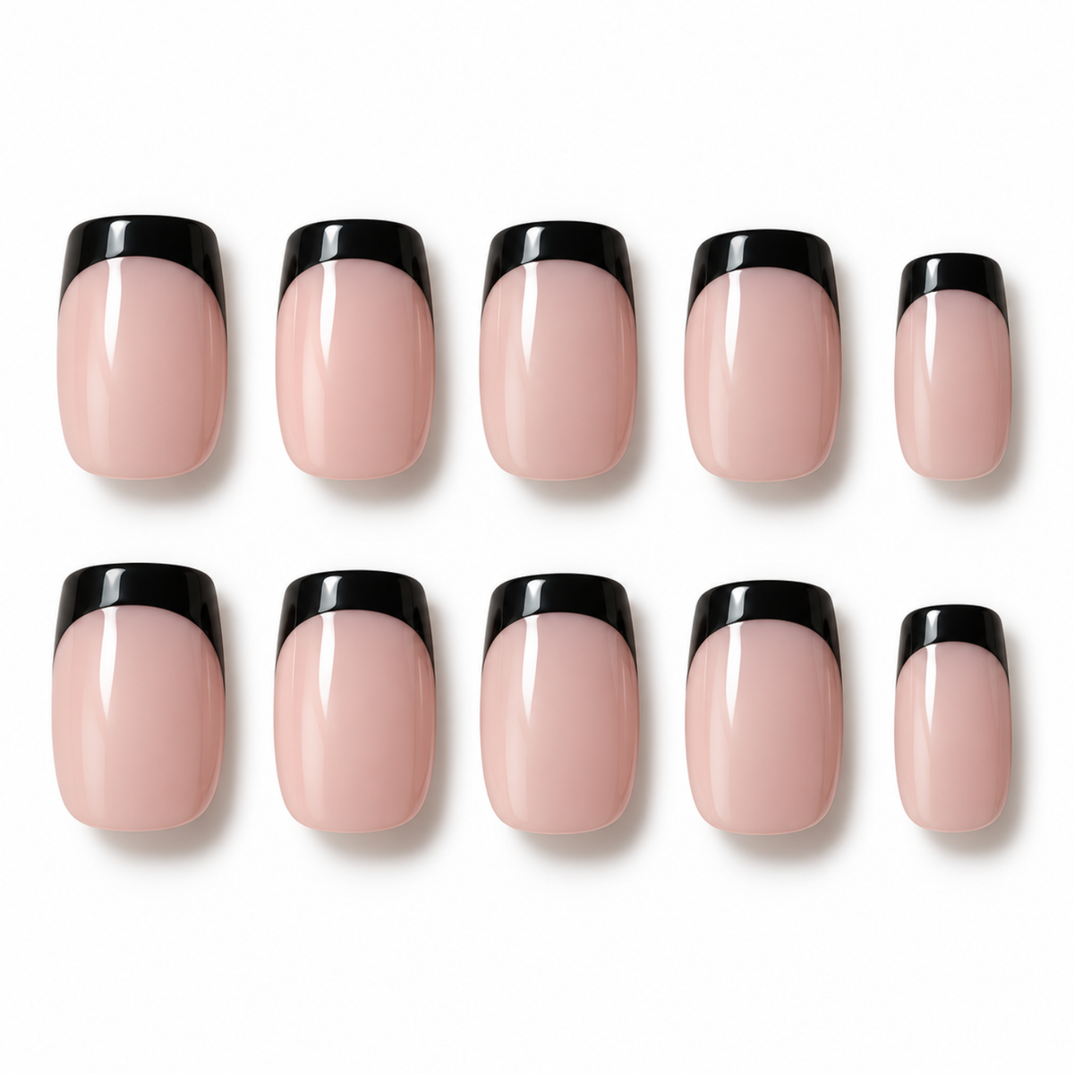 Ten false press-on nails arranged in two rows on a white background, featuring a glossy pale pink base with a bold black French tip.