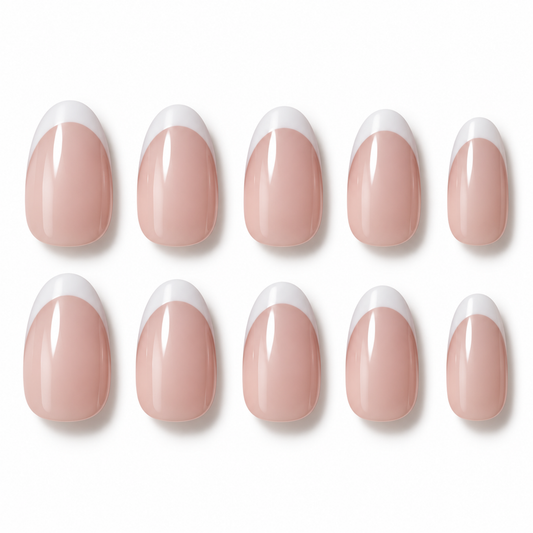 Ten oval-shaped press-on nails arranged in two rows of five on a clean white background. Each nail has a glossy nude-pink base with a clean white tip, resembling a classic French manicure.