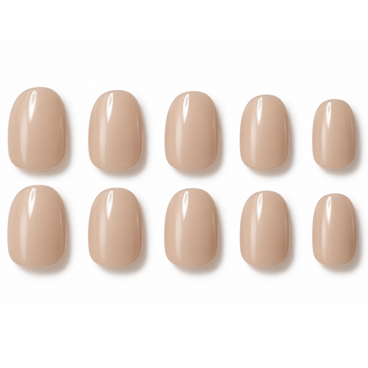 Ten nude beige press-on nails arranged in two rows of five on a clean white background.